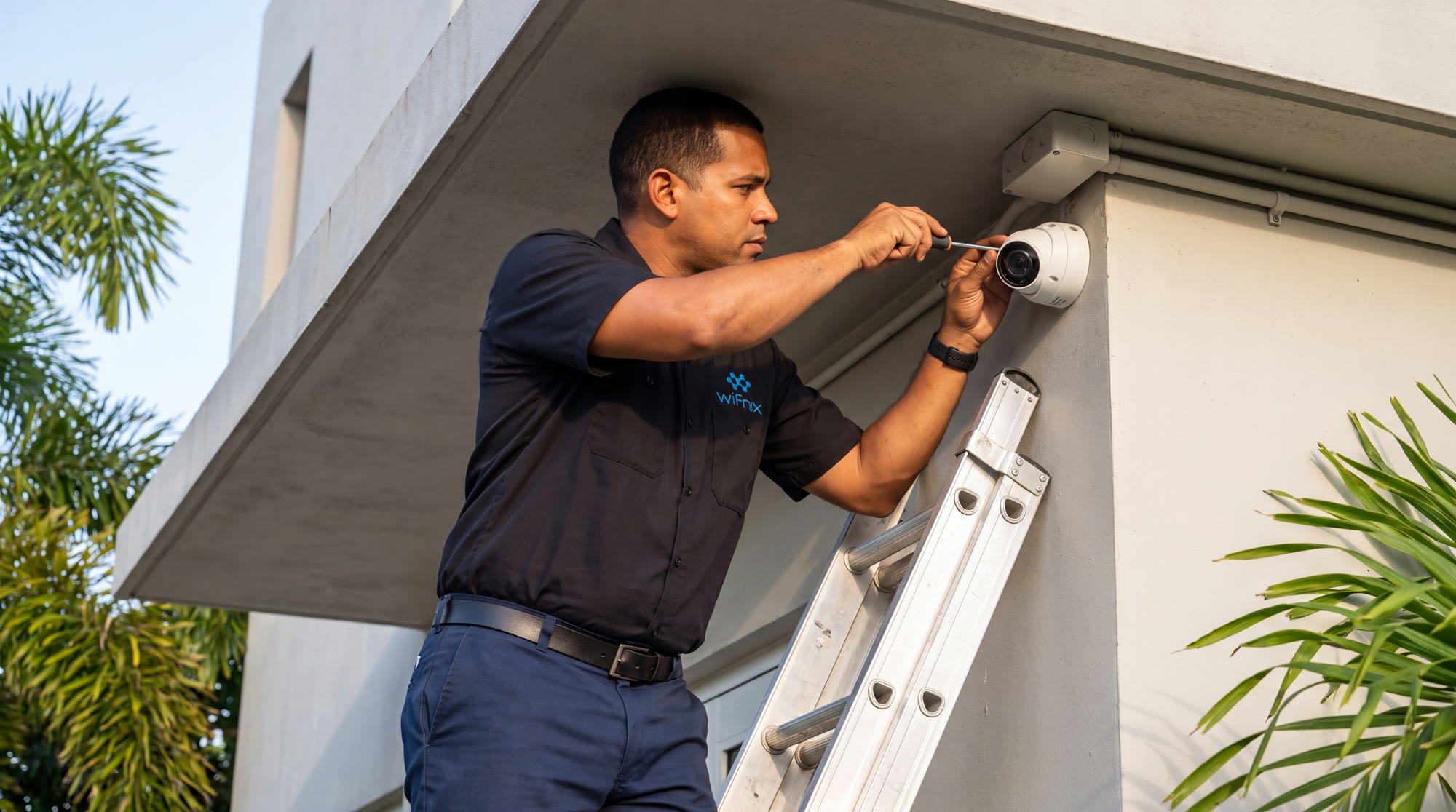 Técnico de Wifnix instalando una cámara de seguridad en un edificio comercial en Puerto Rico