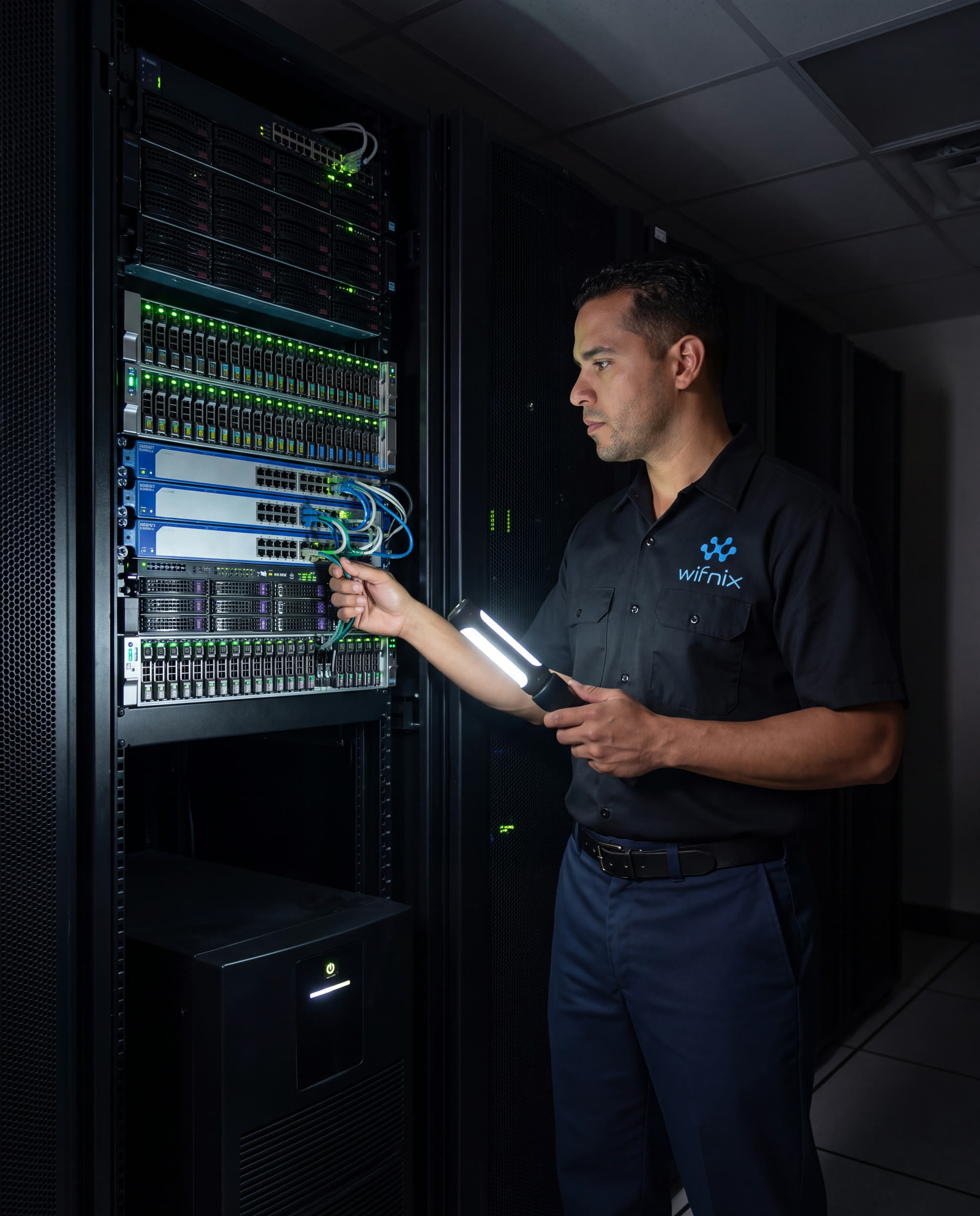El rack de comunicaciones encendido durante un apagon, con el UPS aguantando la carga