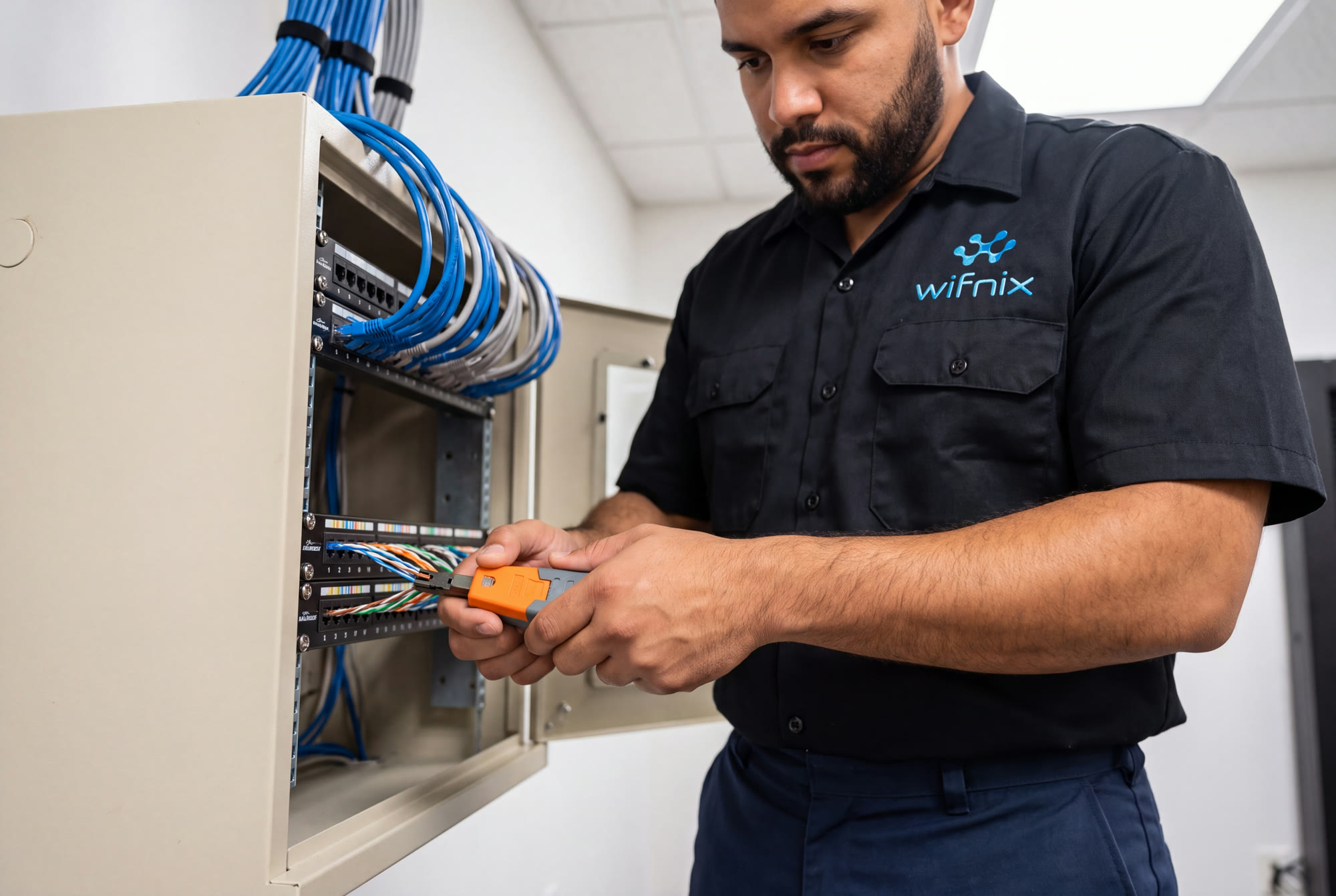 Tecnico de Wifnix ponchando cable de red en un panel de parcheo